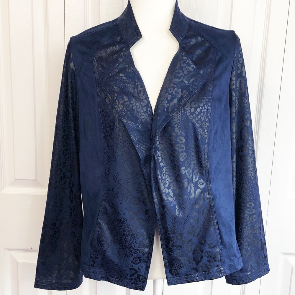 Chico's Navy Blue Animal Print Faux Suede Open Front Moto Jacket Medium